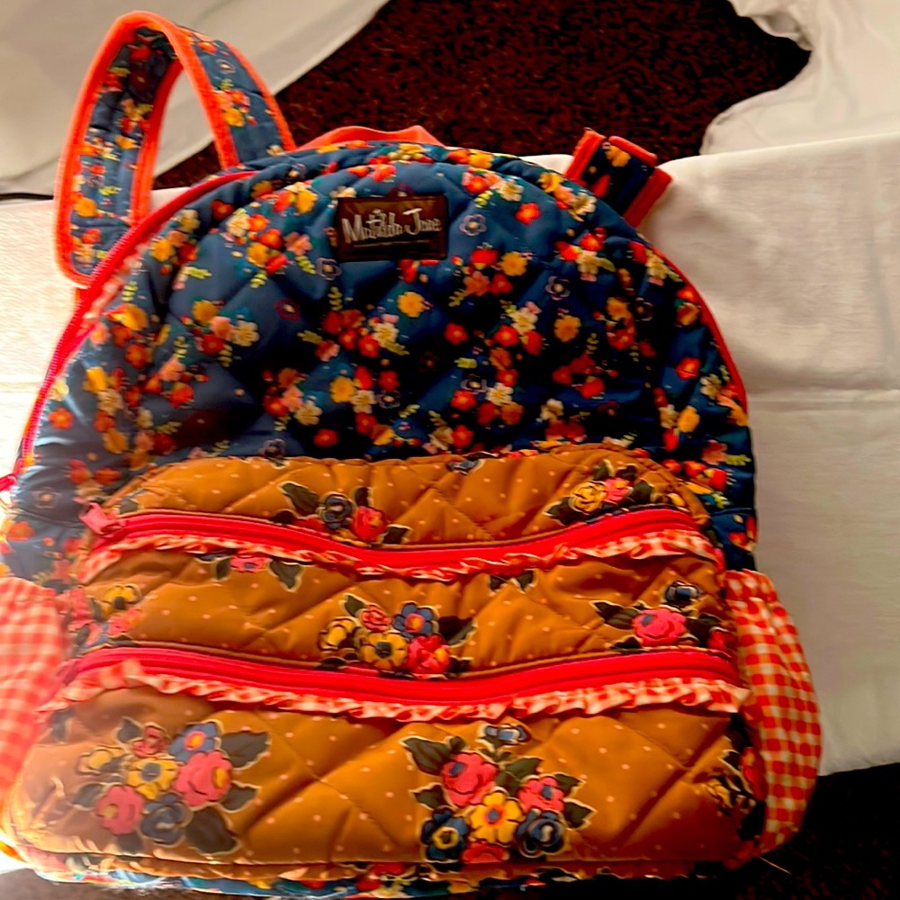 Matilda Jane book bag floral print with  orange and white plaid